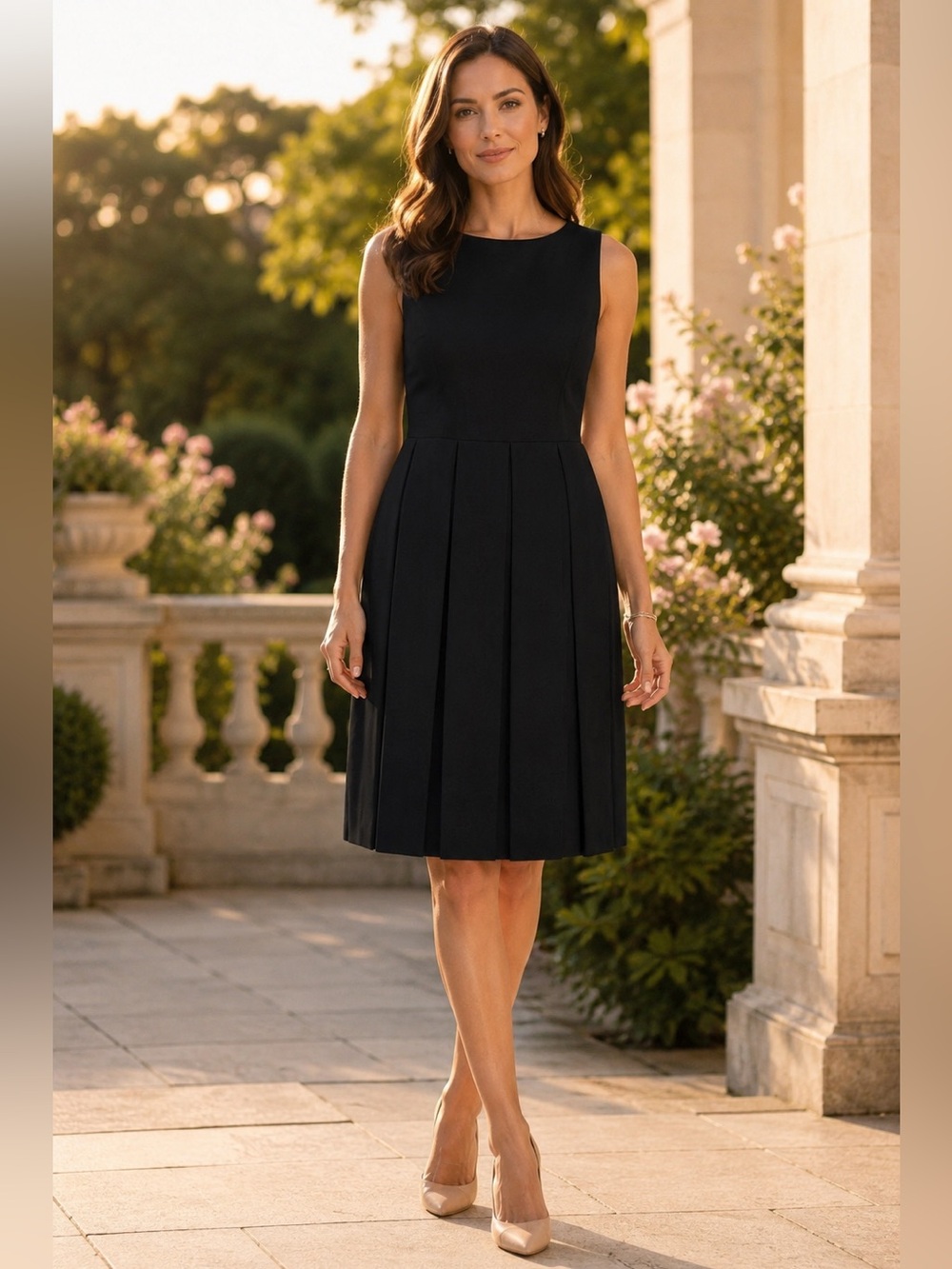 CAbi Black Sleeveless Pleated Fit-and-Flare Dress